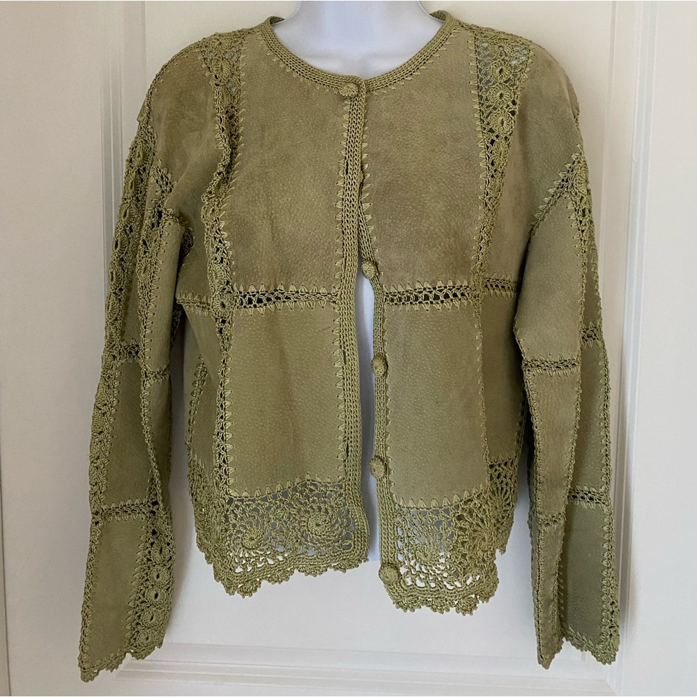 Gantos Leather Crochet Jacket 90s Sage  Vintage Retro Sz S